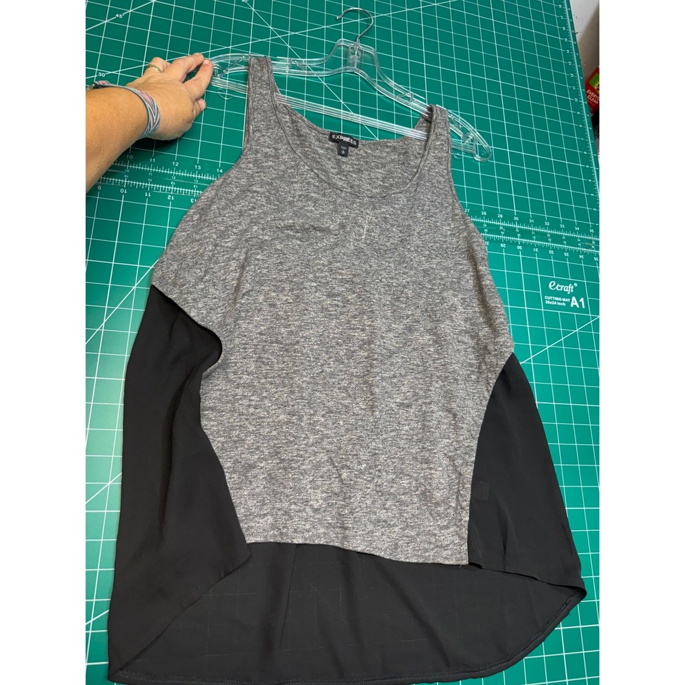 Express Womens Mixed Media Tank Top Gray Heather Knit Black Chiffon High Low S